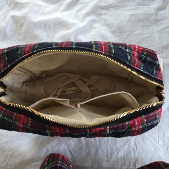 NWT Sezane  quilted Toiletry Bag - red and blue tartan print- holiday theme - Picture 3 of 4